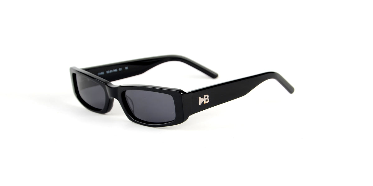 Side view of BASS black rave sunglasses with BACKSTAGE logo