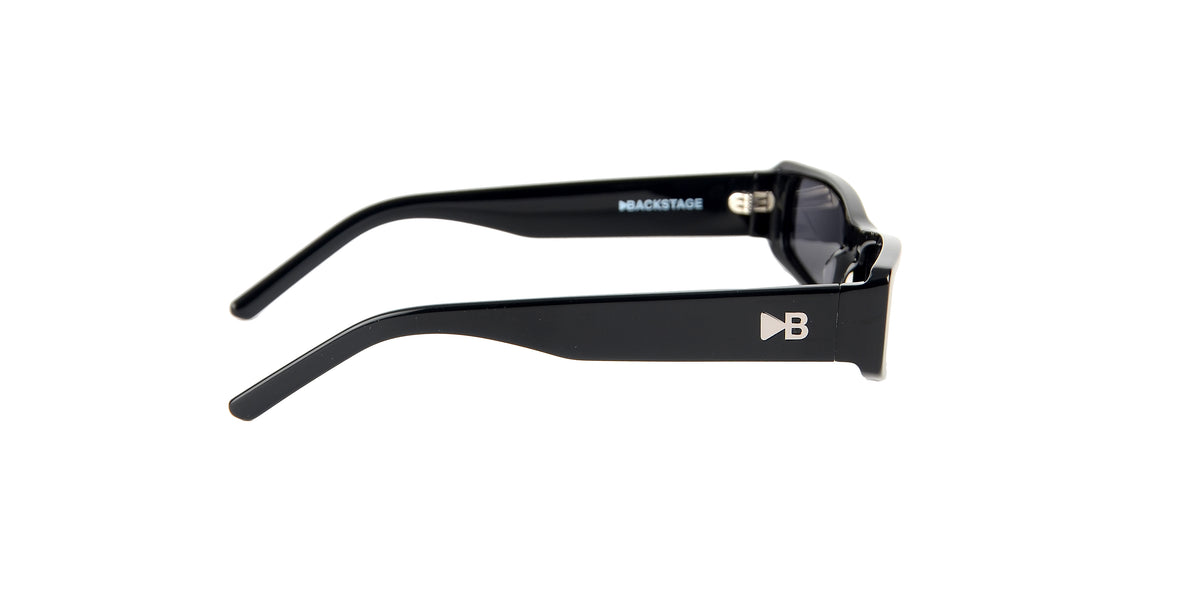 Side view of BASS black rave sunglasses with BACKSTAGE logo