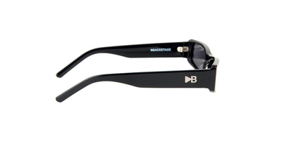 Side view of BASS black rave sunglasses with BACKSTAGE logo